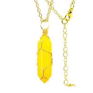 New Handmade Yellow Citrate 10k Gold Wire Wrapped S925 Silver Amulett Necklace